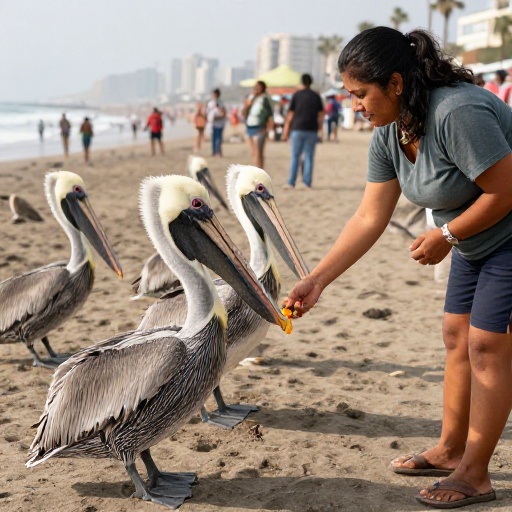 Vecina de Chorrillos alimenta pelícanos afectados por El Niño en playas de Lima
